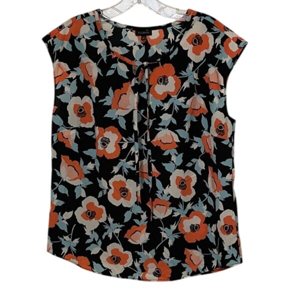 Talbots Floral Cap Sleeve Tie Neck Blouse Top Womens Size 10 - Picture 1 of 9